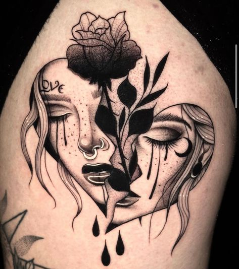 Broken Face Tat, Two Face Tattoo Woman, Two Faces Tattoo Woman, Dark Feminine Tattoos Sleeves, Tattoo For Bpd People, Female Rage Tattoo, Broken Tatoos Ideas, Split Personality Tattoo, Split Face Tattoo