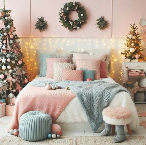 Christmas Decor Pink And Blue, Pink And Teal Christmas Decor, Pink Christmas Room, Pink And Blue Bedroom, Pink Christmas Bedroom, Plaid Bedroom, Plum Christmas, Blue And Pink Bedroom, Fall Bedroom Ideas