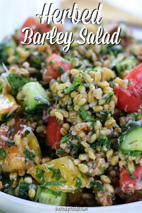 Satisfying and insanely delicious, Herbed Barley Salad has the fresh flavors of lemon, dill, mint and cilantro. We love having this has a wholesome and cold side dish to chicken, beef, lamb, pork or fish.   #BarleySalad #ColdGrainSalad #HealthySalad #LemonDressing #EasyGrainSalad https://www.thefedupfoodie.com/ Barley Salad Recipes, Flower Salad, Salad For Summer, Cold Side Dishes, Barley Recipe, Barley Salad, Clean Eating Vegetarian, Bbq Salads, Grain Salad