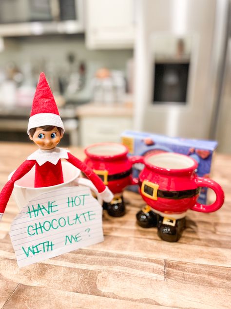 Elf With Hot Chocolate, Elf Brings Hot Chocolate, Hot Cocoa Elf On The Shelf, Elf On The Shelf Hot Chocolate, Elf Hot Cocoa, Elf Hot Chocolate, Elf Ideas Easy, Elf Shelf, Elf On A Shelf