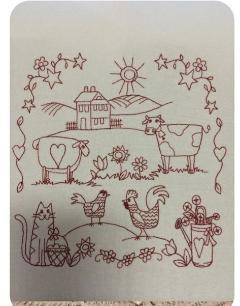 Farm Embroidery, Candlewicking Embroidery, Redwork Patterns, Embroidery Lessons, Embroidery Sampler, Embroidery Template, Redwork Embroidery, Hand Embroidery Patterns Flowers, Animal Cross Stitch Patterns