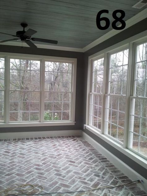 Brick Floors Photo Gallery | RealThinBrick.com Modern Farmhouse Sunroom, Farmhouse Sunroom, Sunroom Makeover, Screened Porch Decorating, Brick Floor, Balkon Decor, Building A Porch, Sunroom Decorating, Cheap Patio