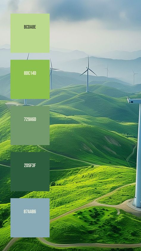 Colors:
BCDA8E
8DC14D
729A6D
2D5F3F
87AAB6 Energy Color Palette, Sailor Earth, Palette Design, Harmony With Nature, Wind Turbines, Angel Warrior, Model Paint, Green A, Color Palette Design