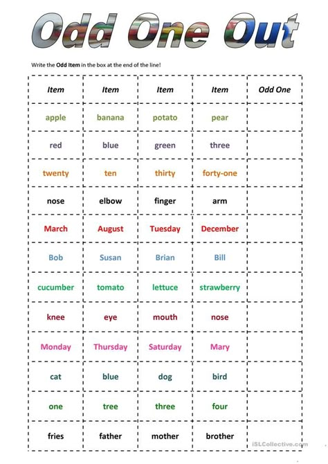 Odd One Out - English ESL Worksheets for distance learning and physical classrooms Odd One Out, Fun English Worksheets, English Learning Games, Odd One Out Worksheet, Activities For Grade 1, Activities For Classroom, Word Games For Kids, Worksheets For Class 1, English Grammar For Kids