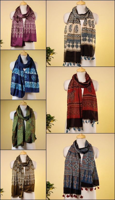 Ajrakh Block Print Stoles in Mashru Silk & Cotton Cotton Stoles Scarfs, Informal Clothes, Duppattas Designs Ideas, Ajrak Print, Print Scarf Design, Academia Aesthetic Outfit, Frock Fashion, Hacks Clothes, Unique Blouse Designs