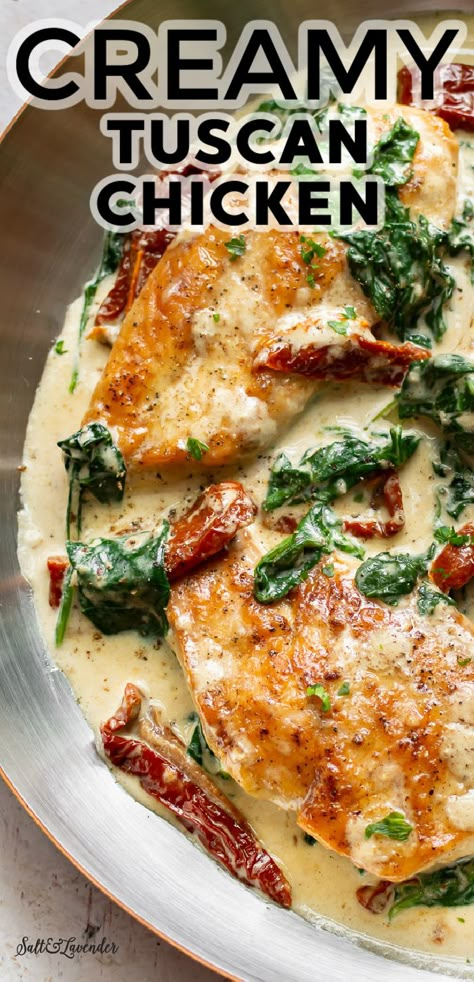 This creamy Tuscan chicken recipe has juicy pan fried chicken and an irresistible cream sauce with sun-dried tomatoes, basil, and fresh spinach! The best part? It's ready in only 25 minutes. Chicken Sundried Tomatoes Spinach, Creamy Tuscan Chicken Recipe, Salt Lavender, Creamy Tuscan Chicken, Chicken Salt, Tuscan Garlic Chicken, Resep Pasta, Creamy Chicken Recipes, Chicken Tonight