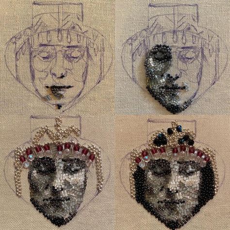 Bead Art Embroidery, Bead Embroidery Portrait, Embroidery In Fashion, Beaded Hand Embroidery, Bead Art Tutorial, Embroidery Beads Tutorial, Bead Embroidery Art, Beads Embroidery Patterns, Drawing Embroidery Patterns