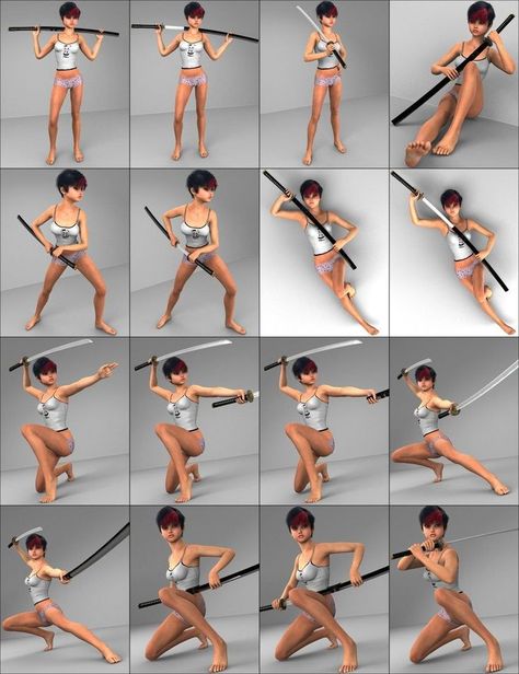 Poses With Swords, Lady Samurai, Figure Practice, Female Action Poses, Kuki Shinobu, Draw Hands, Warrior Pose, Different Poses, Body Reference Poses