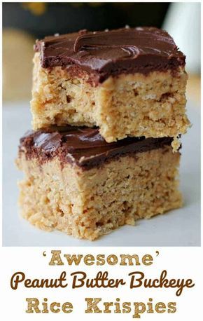 ‘Awesome’ Peanut Butter Buckeye Rice Krispies Peanut Butter Rice Krispy Brownies, Buckeye Bars Recipe Rice Krispies, Buckeyes Recipe Rice Krispies, Reese’s Rice Krispie Treats, Reese’s Peanut Butter Rice Krispie Treats, Buckeye Bars, Peanut Butter Buckeyes, Peanut Butter Rice Krispies, Peanut Butter Chocolate Bars