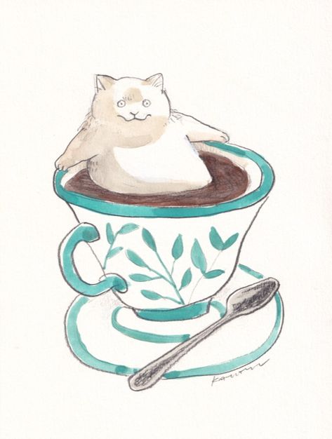 Teacup Drawing, Tsutaya Bookstore, Cat Coffee Art, Tokyo Ginza, Black Cat Aesthetic, 25th December, Weird Drawings, Animal Doodles, Art Diary