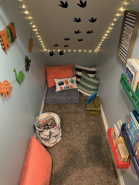 Under stairs small space transformed Small Hideout Room Ideas, Art Room Under Stairs, Playroom In Closet, Play Area For Small Spaces, Small Closet Hangout Space Ideas, Under The Stairs Hideout, Cupboard Under Stairs Playroom, Under Stairs Play Area Small Spaces, Under Stairs Hideout