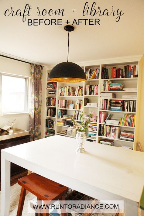 a craft room and a library in one!??! SWOON. My favorite things are books and crafts! Love this studio tour - going to get my husband to build us a built-in bookshelf like that, can you believe it's an ikea hack with the billy bookcase? Design Office Interior, Design Case Study, Interior Design Office, Room Hacks, Room Library, Billy Bookcase, Woo Hoo, Craft Room Office, Rooms Reveal