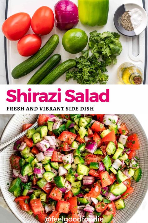 Shirazi Salad Persian, Rice Serving Ideas, Schwarma Side Dish, Persian Shirazi Salad, Shwarma Side Dishes, Persian Side Dishes, Paleo Sides Dishes, Iranian Salad, Persian Meals