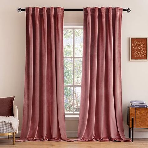 Pink Velvet Curtains, Long Curtains, Dusty Rose Pink, Thermal Curtains, Brown Living Room, Velvet Curtains, Window Drapes, Large Living Room, Room Darkening