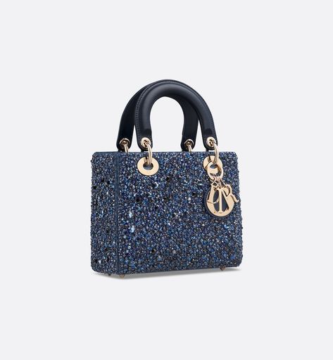 Small Lady Dior Bag Blue Strass-Embroidered Satin | DIOR Navy Blue Designer Bag, Blue Luxury Bag, Blue Dior Bag, Lady Dior Bag Blue, Dior Bag Blue, Miss Dior Bag, Dior Shades, Dior Purse, Mini Lady Dior