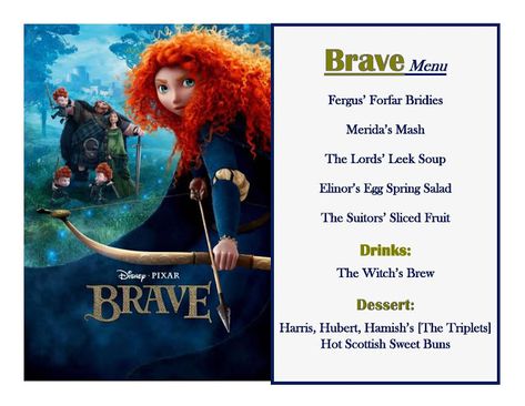 DISNEY MEAL #132 - BRAVE! Has link to pictures of How the Meal Came Together & The Treat! Happiest Memories On Earth - is an awesome blog that has SO MANY Disney Meal Ideas and MORE!! Disney Movie Themed Dinner, Family Movie Night Themes, Disney Movie Night Menu, Disney Themed Movie Night, Disney Movie Night Food, Disney Movie Night Dinner, Disney Themed Food, Brave Movie, Disney Menus