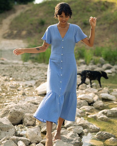 Understated and easy-to-wear, this soft and feminine maxi dress is made from Cotton gauze that is durable, yet soft, and features a sweet flutter sleeve, faux shell button up front, and a hidden placket (so there are no peek-a-boo moments). It’s easy to slip on, effortless to style, and fun to dress up for every season. Also available in Silver Pine. Gingham Maxi Dress, House Dresses Comfy, Elegant Cotton Dress, Soft Cotton Dress, Soft And Feminine, Minimalist Dress, Blue Cotton Dress, Modest Dresses Casual, Off White Dresses