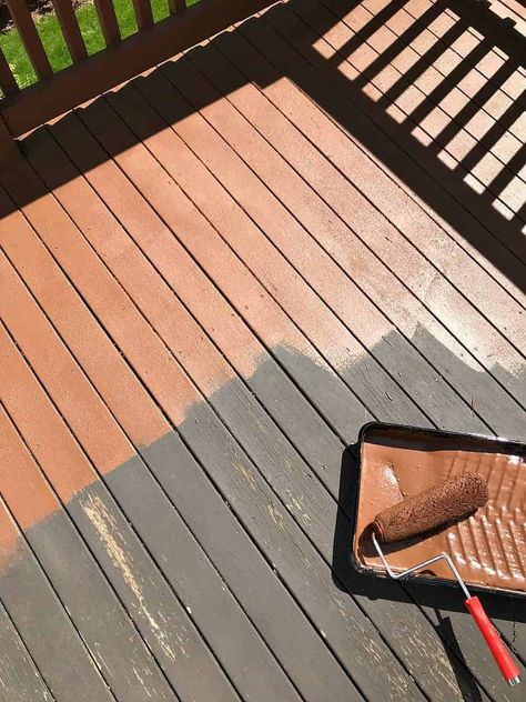 If your old deck is badly in need of a makeover, consider restoring it with this resurfacing product. You don't need to power wash or strip paint, it will go right over it and seal all those splinters and cracks. The best part is that it's cheap and can be done in a weekend! Painted Wood Deck, Deck Paint Colors, Deck Restoration, Deck Repair, Deck Makeover, Deck Colors, Stripping Paint, Wooden Deck, Deck Paint