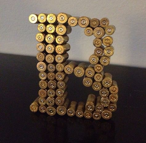 Letter Diy Letter Decor, Bullet Casing Crafts, Shotgun Shell Crafts, Bullet Crafts, Downstairs Bedroom, Brass Shell, Hunting Decor, Letter Decor, Wedding Projects