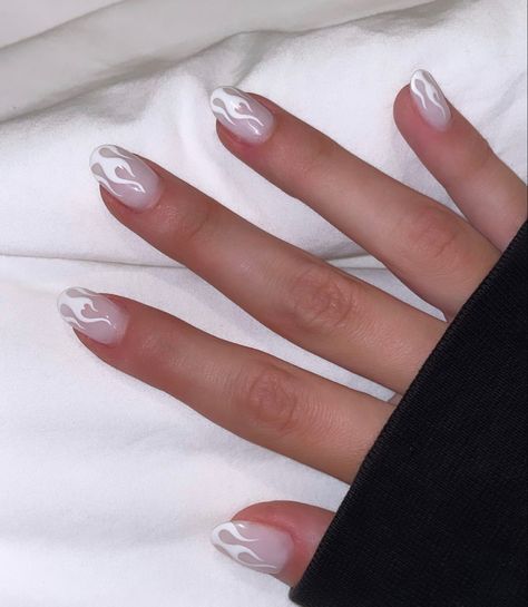 Neutral nails, nail art, hand painted nail designs, flame nails, nail inspiration White French Tip Flame Nails, Flames French Tip Nails, Small Nails White, White Flame Nails Almond, White Nails With Flames, Flames Manicure, White Fire Nail Design, White Flames Nails, Flame Almond Nails