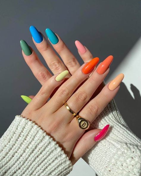 Colourful Acrylic Nails, Nails Colorful, Summer Gel Nails, Cute Summer Nails, Gel Nail Colors, Nails 2022, Thanksgiving Nails, Rainbow Nails, Summer Nails Colors