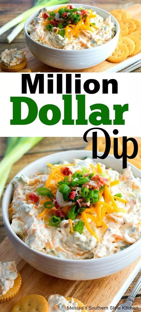 Million Dollar Dip - cream cheese, mayo, garlic powder, leek, cheddar Yummy Chip Dip Recipes, Picnic Dips Appetizers, Recipes For Dips Parties Snacks, Cream Cheese Ideas Appetizers, Million Dollar Cheese Dip, Best Cold Dip Recipes, Leek Dip Recipe Cream Cheese, Cream Cheese Dip Ideas, Cream Cheese Mayo Dip