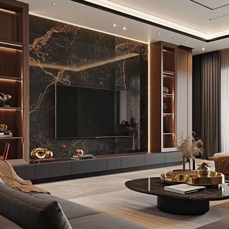 Tv Unit Design Modern Living Luxury, Tv Wall Design Luxury, Tv Wall Design Modern Luxury, Luxury Tv Wall, Modern Tv Room, Tv Wall Decor Ideas, Modern Luxury Interior, Modern Tv Wall Units, Tv Unit Interior Design