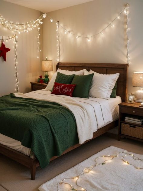 Lights Above Bed, Throw Pillows And Blankets, Christmas Bedroom Decor, Diy Christmas Decor, Green Throw, Red Bedding, Christmas Bedding, Christmas Decorations Bedroom, Christmas Bedroom