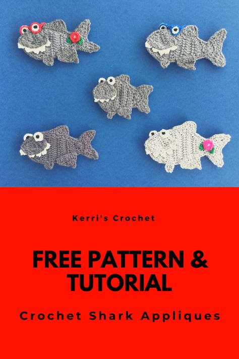 The free crochet patterns and video tutorials for this shark family appliques can be found at Kerri's Crochet. Shark Crochet, Crochet Shark, Crochet Applique Patterns Free, Small Shark, Shark Family, Applique Tutorial, Finger Puppet, Little Family, Applique Pattern