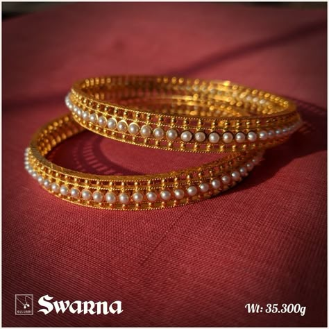 Gold Pearl Bangles Indian Design, Pearl Bangles Design, Karimani Bangle Designs, Pearl Bangles Indian Gold, Pearl Bangle Designs, Gold Pearl Bangles, Swarna Jewellers, Pearl Bangles Gold, Pearl Bangles