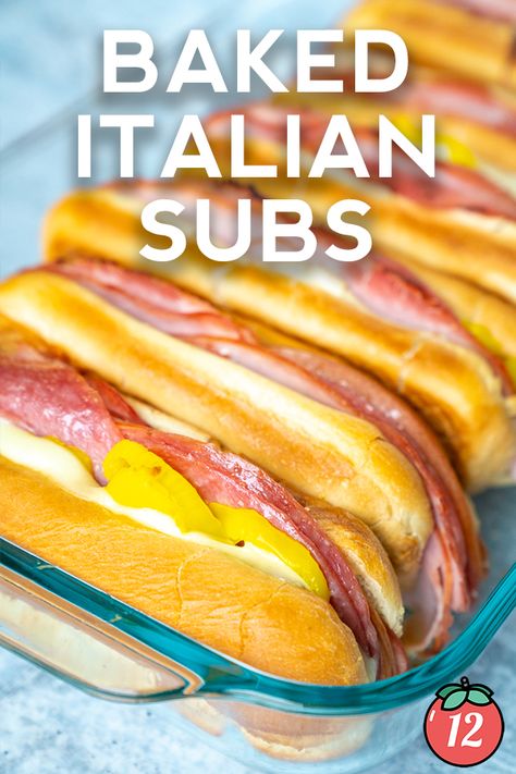 Baked Italian Subs | 12 Tomatoes Italian Subs, Sandwich Rolls, Cooking Panda, 12 Tomatoes Recipes, Italian Sub, Italian Sandwich, Banana Peppers, Cold Sandwiches, Sub Sandwiches