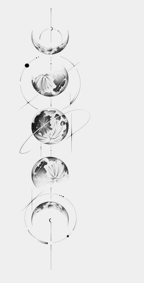 Prosperity Tattoo Design, Geometric Moon Phases Tattoo, Abstract Moon Tattoo, Astral Tattoos, Moon Phases Tattoo, Realistic Tattoo Sleeve, Planet Tattoos, Galaxy Tattoo, Muster Tattoos