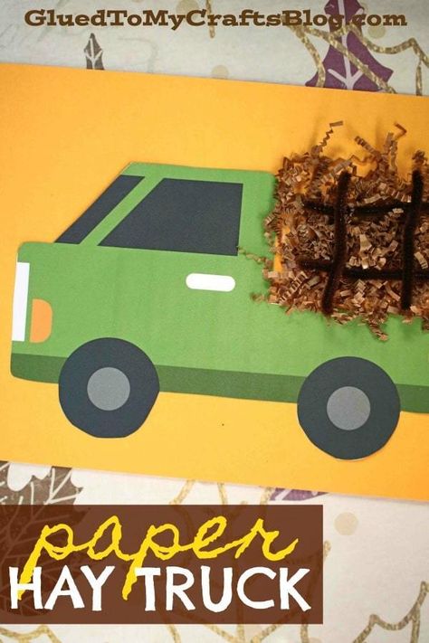 #gluedtomycrafts Paper Hay Truck Kid Craft Idea For Fall - Nothing screams autumn harvest quite like a farm truck, am I right?! I was recently inspired by a simple pack of brown colored crinkle paper I picked up at Dollar Tree and came up with this Paper Hay Truck kid craft idea for you all today. I hope you enjoy making it as much as I enjoyed coming up with it! There's even a FREE truck printable to get you started with ease! Paper Truck Craft, Truck Papers, Popsicle Stick Fall Truck, Simple Thanksgiving Crafts For Kids, Fall Truck Craft, Fall Truck Bulletin Board, Harvest Crafts, Fall Crafts For Toddlers, Truck Crafts