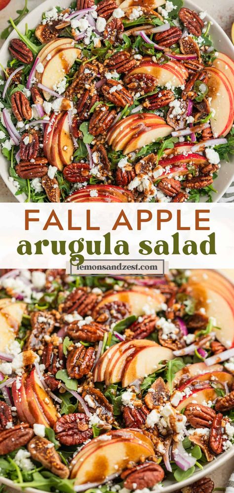 This Apple Arugula Salad recipe is loaded with crunchy roasted maple pecans, sliced apples, goat cheese crumbles, figs and a balsamic dressing to pull it all together. This is the perfect fall salad to celebrate apple season and more. Comes together in just 20 minutes and complements so many dishes or easily a full meal with added protein! Roasted Apple Salad, Alpha Gal Thanksgiving Recipes, Arugula Salad Fall, Fall Salad For Thanksgiving, Friendsgiving Dishes To Bring, Fall Harvest Salad Recipes, Apple Fall Salad, Arugula Fall Salad, Light Fall Salad