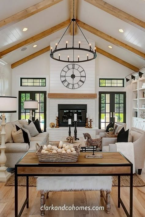 25 Modern Farmhouse Living Room Decor Ideas - Nikki's Plate Brick And Shiplap Fireplace, Brick And Shiplap, Vaulted Ceiling Living Room, Modern Farmhouse Living Room Decor, Farmhouse Living Room Decor Ideas, Modern Farmhouse Living, Shiplap Fireplace, Modern Farmhouse Home, Modern Farmhouse Living Room