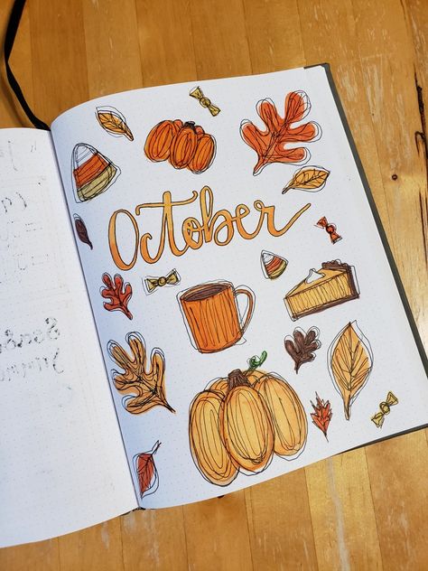 October Book Journal Spread, October Journal Cover Page, October Design Ideas, October Journaling Ideas, October Reading Journal Spread, October Notebook Ideas, Journal Halloween Ideas, October Journal Ideas Easy, Halloween Notebook Ideas