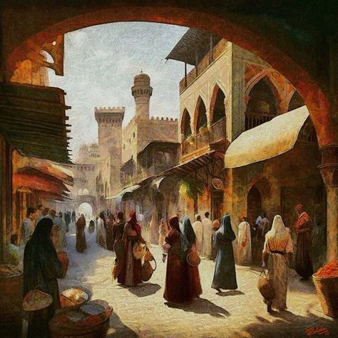 Middle East Art Painting, Ancient Arabian Art, Old Islamic Images, Arabian Art Middle East, Arabian Art Paintings, Bazaar Painting, Arabian Bazaar, Arabian Painting, Middle East Aesthetic