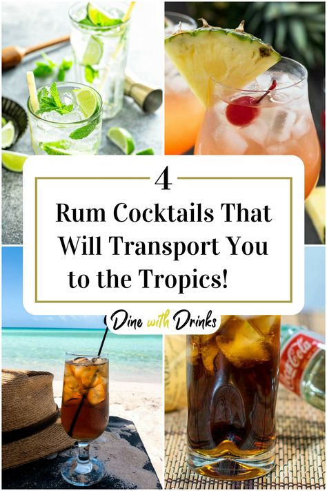 Collage of 4 easy rum cocktails. Summer Rum Cocktails, Rum Cocktails Easy, Unique Cocktail Recipes, Rum Cocktail Recipes, Good Rum, Pineapple Cocktail, Rum Recipes, Homemade Cocktails, Beach Drinks