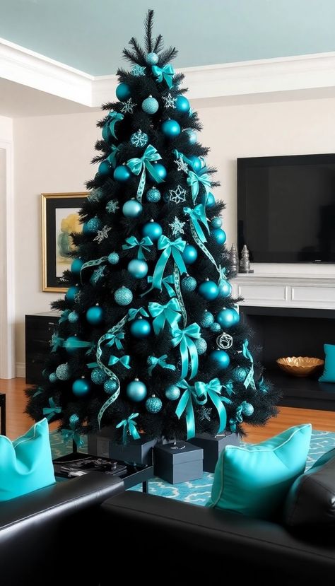 Tiffany Christmas Tree, Navy Blue And Silver Christmas Tree, Royal Blue Christmas Decorations, Tree Decorating Tips, Black Christmas Tree Decorations, Christmas Tree Colour Scheme, Christmas Tree Decoration Ideas, Christmas Tree Decorating Tips, Colorful Christmas Decorations