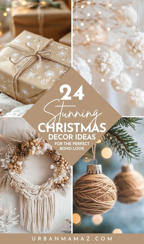 Looking for boho Christmas decor ideas to nail this aesthetic? Check out this list of 24 stunning Christmas decor ideas for the perfect boho look! Boho Xmas Wreath, Boho Christmas Window Display, Boho Ornaments Christmas, Neutral Xmas Decor, Boho Christmas Table Setting, Diy Boho Christmas Ornaments, Boho Winter Decor, Japandi Christmas, Boho Christmas Decor Ideas