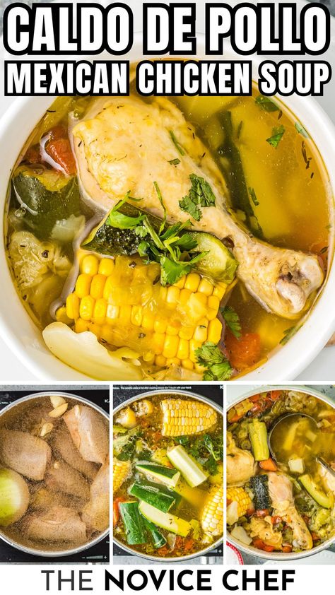 This caldo de pollo, or Mexican chicken soup, is brimming with hearty pieces of tender chicken and wholesome veggies in a richly seasoned broth. Simple to make, nourishing, and guaranteed to warm you up on a chilly evening. Each spoonful offers a taste of homestyle comfort that’s hard to beat! Authentic Chicken Tortilla Soup Mexico Mexican Recipes, Pollo Soup Mexican Chicken, Chicken Drumstick Mexican Recipes, Chicken Cilantro Soup, Hispanic Soup Recipes, Chicken Soup Stove Top, Whole Chicken Soup Recipes, Chicken Caldo Mexican Recipe, Chicken Drumstick Soup