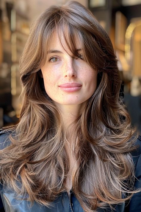 Classic Brunette Layers with Soft Bangs, Long Butterfly Layered Haircut 90s Layered Hair Side Part, Butterfly Haircut With Side Bangs, Layered Hair Side Part, Butterfly Layered Haircuts, Haircut With Side Bangs, 90s Layered Hair, Brunette Layers, Soft Bangs, Butterfly Haircut