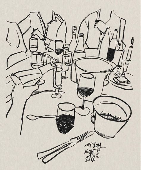 Dinner Party Drawing Illustration, Cocktail Party Illustration, Happy Hour Illustration, Family Dinner Drawing, Drink Illustration Graphics, Family Dinner Illustration, Drawing On Table, Dinner Table Drawing, Dinner Table Illustration