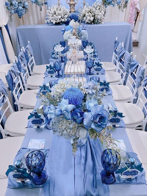 Bridesmaid Theme, Blue Sweet 16, Baby Blue Weddings, Blue Wedding Decorations, Tafel Decor, Light Blue Wedding, Wedding Backdrop Decorations, Royal Blue Wedding, Blue Themed Wedding