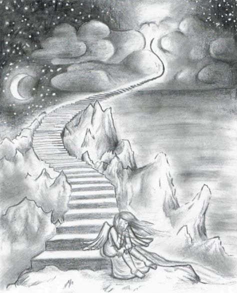 Pin by Julie Swatton on A4 | Drawings, Stairs to heaven tattoo, Stairway to heaven tattoo Stairs To Heaven Drawing, How To Draw Stairs Step By Step Easy, Heaven On Earth Tattoo, Heaven Drawing Easy, Heaven Doodle, Heaven Vs Hell Drawing, Heaven Drawing Sketch, Stairway To Heaven Drawing, Heaven Sketch