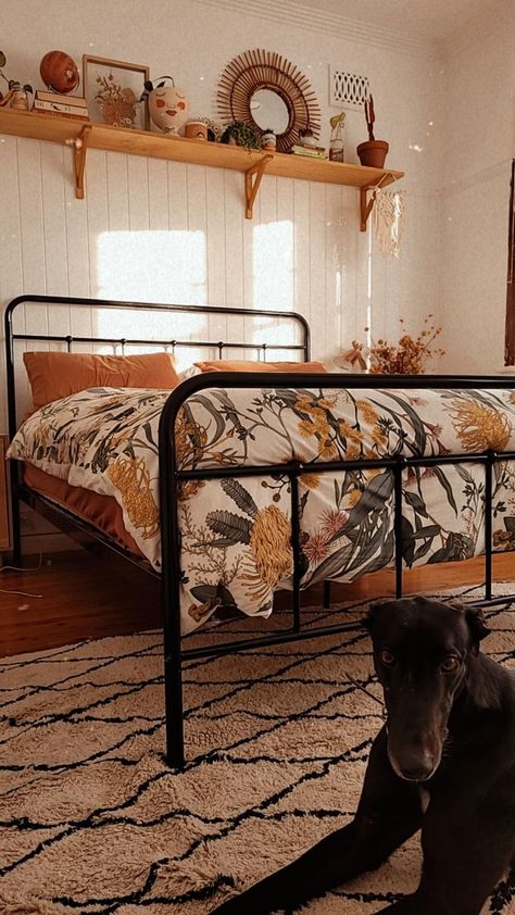 Eclectic Above Bed Decor, Boho Room With Metal Bed, Above The Bed Bookshelves, Bracket Shelf Above Bed, Self Over Bed, Aesthetic Above Bed Decor, Shelf Above Dresser Bedrooms, High Bedroom Shelf, Two Shelves Above Bed