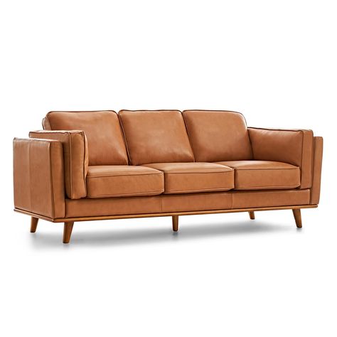 Cognac Leather Sofa, Leather Couches Living Room, Brown Leather Couch, Top Grain Leather Sofa, Studio Color, Mid Century Modern Sofa, Modern Couch, Wood Accent, Leather Couch