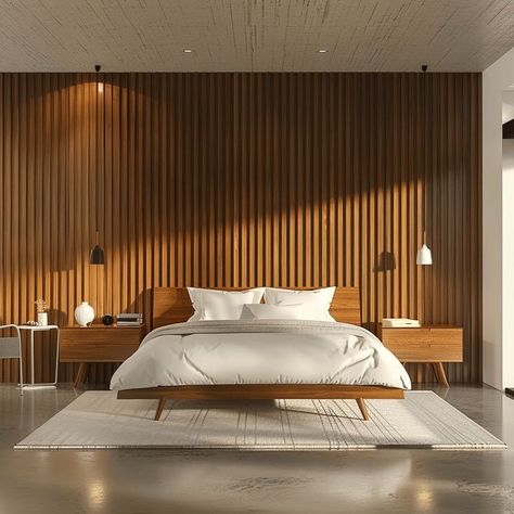 Mid-Century Modern Bedroom with White Bedding Modern 70s Bedroom, Bedroom With White Bedding, Mid Century Modern Bedroom Design, Modern Style Bedroom, Mid Century Modern Bedroom, Modern Ideas, Modern Bedroom Interior, Bedroom Studio, Mid Century Modern Interiors