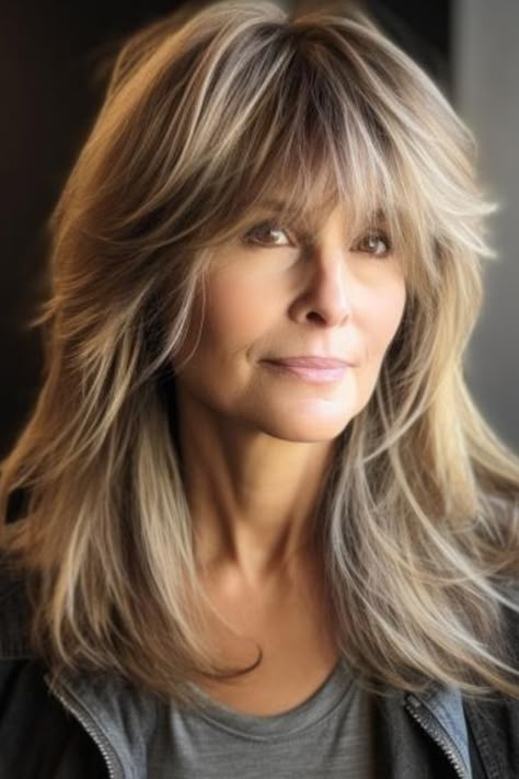 A simple and chic look can be achieved through a long layered cut with feathered bangs. The layers make your hair move while the bangs are feathered to harmonize the style. Click here to check out more flattering hairstyles for women over 50 with bangs. Long Layered Bob Hairstyles With Bangs, Long Layered Hair Cuts With Bangs, Long Hair Styles With Layers For Over 50 With Bangs, Long Feathered Hairstyles Layered Hair, Over 50 Long Hair With Bangs, How To Feather Bangs, 70s Feathered Hair Bangs, Long Layered Hairstyles With Bangs, Medium Length With Layers And Bangs