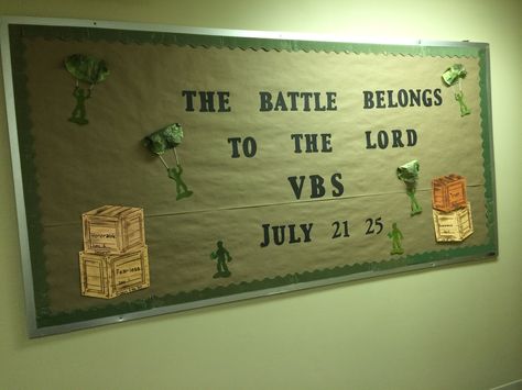 Battle belongs to The Lord VBS bulletin board. Used Cricut Toy Story cartridge for the army men. Gods Army Vbs, Lords Army Vbs, Bible Boot Camp, Sunday School Themes, God's Army, Camp Vbs, Army Theme, Army Decor, Sunday School Decorations